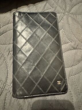 CHANEL Black Quilted Leather Long Wallet with Gold CC